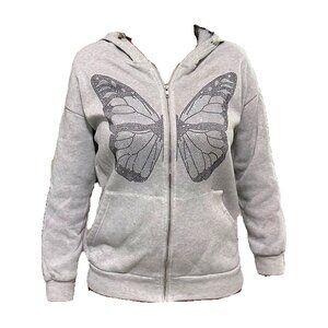 Butterfly print embellished zipper hoodie